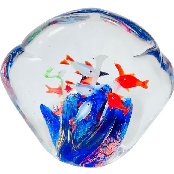 Murano Art Glass School Fish Bubble Hand Blown Paperweight Aquarium Blue Orange - Picture 1 of 13